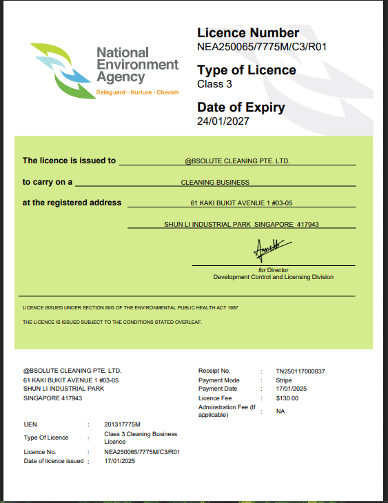 @bsolute Cleaning Pte Ltd- NEA Cleaning Licence Number