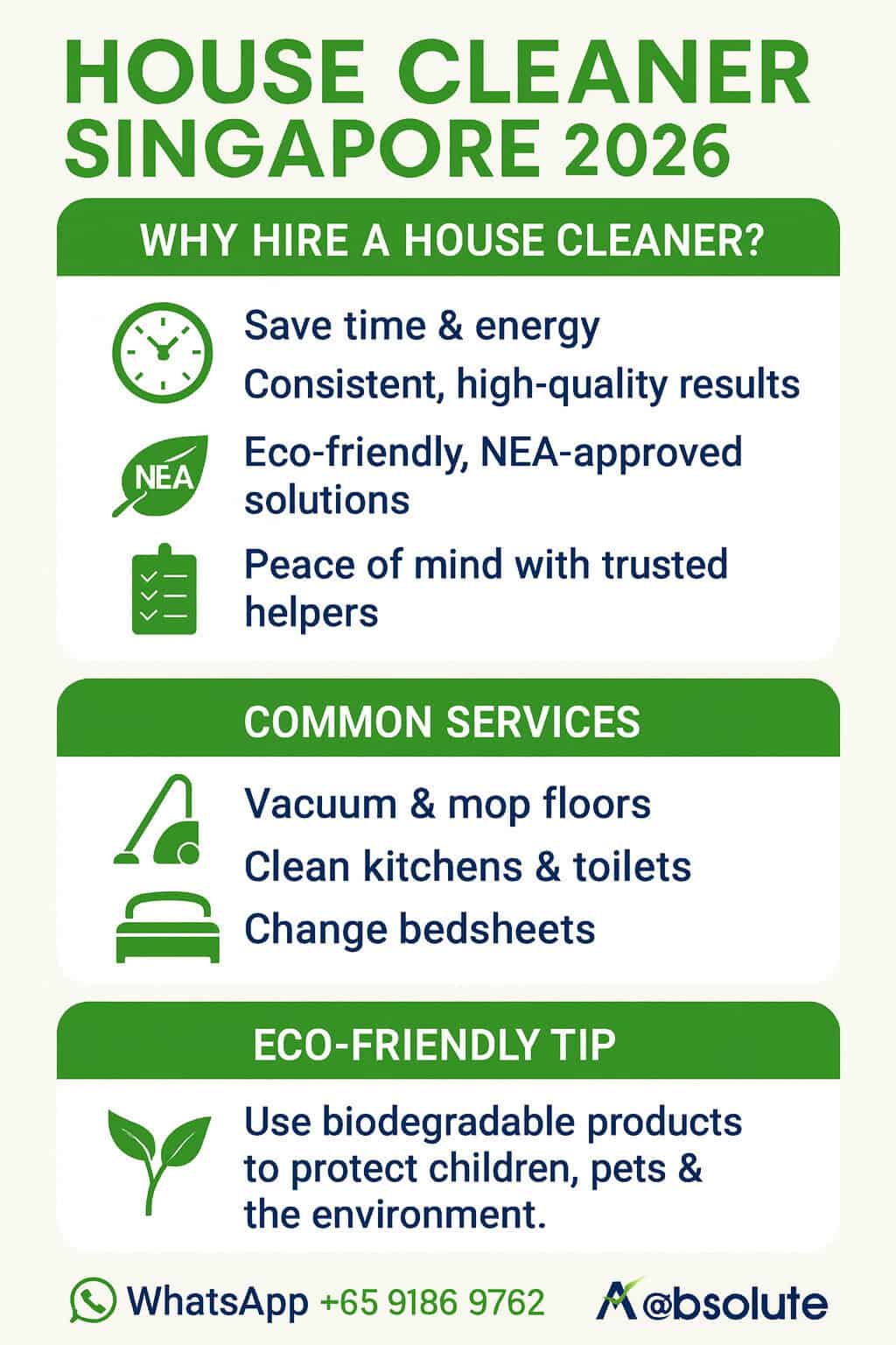 Infographic checklist for house cleaner Singapore 2026 showing why hire a house cleaner, common services, eco-friendly tip, and booking reminder.