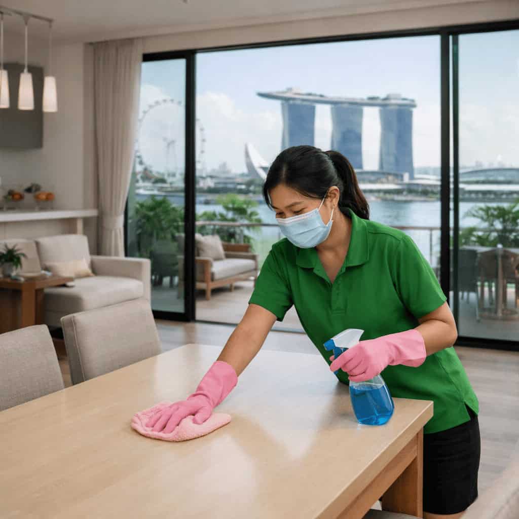Spring Cleaning Service in Singapore Condo Living Room Our professional cleaner in green uniform performing spring cleaning in a modern Singapore condo.