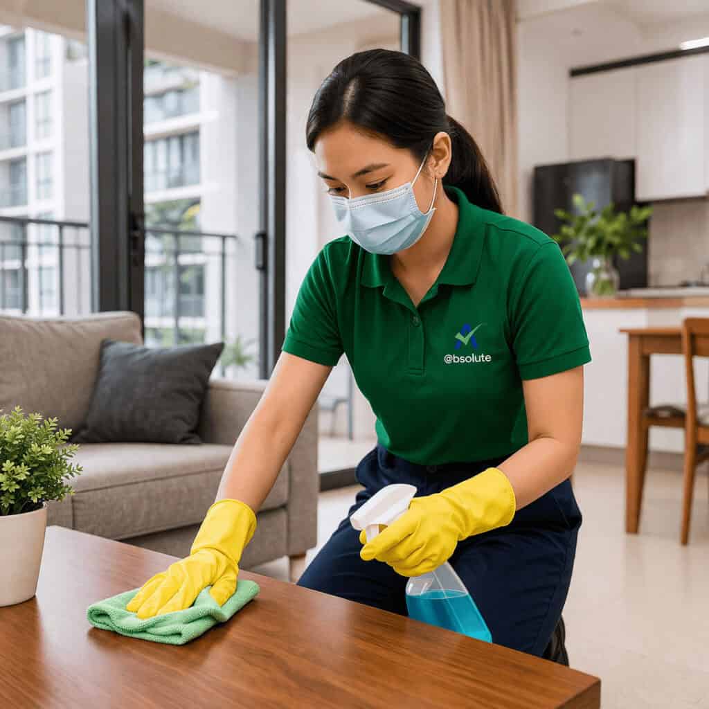 House cleaner wearing mask cleaning table in singapore condo with professional uniform
